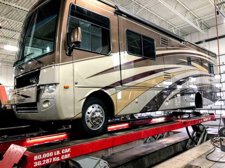 RV being serviced in the auto shop