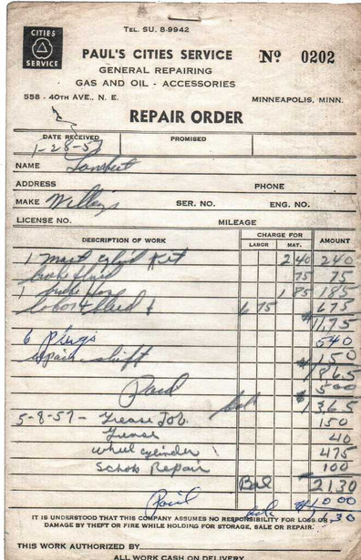 A repair order from January 28, 1957 shows that replacing a master cylinder and six spark plugs cost $18.65