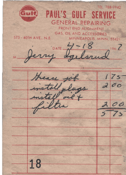 A repair order from April 18, 1967 shows an oil change and new spark plugs cost $5.75
