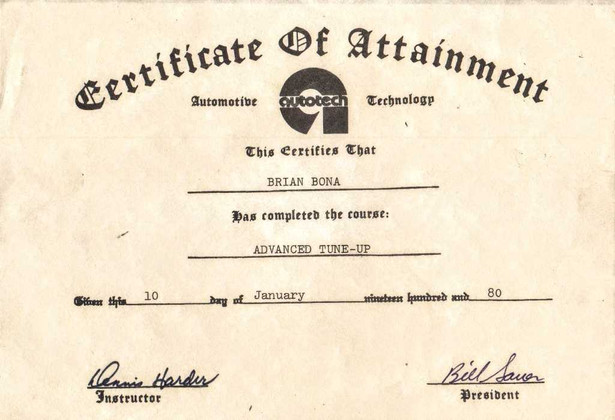 Brian Bona's Certificate of Attainment for Advanced Tune-Up from 1980