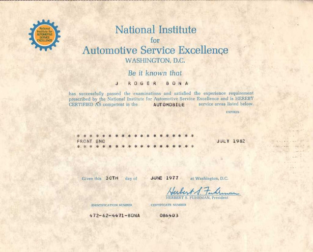 Roger Bona's ASE Certificate for Front End service from 1977
