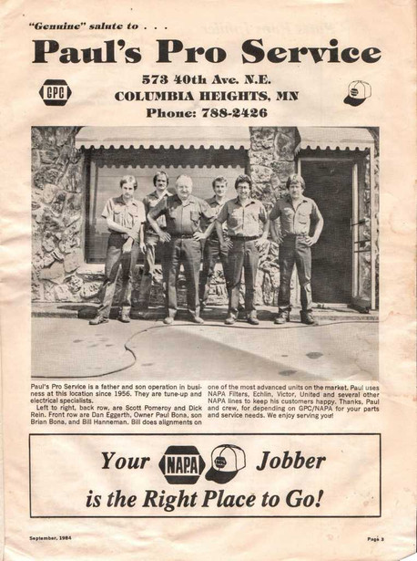 Paul's Pro was highlighted in NAPA's September 1984 trade magazine sent throughout Minnesota