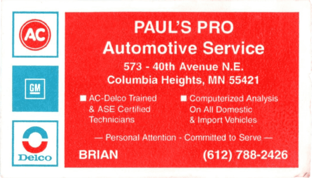 A vintage Paul's Pro business card - our motto is still the same today